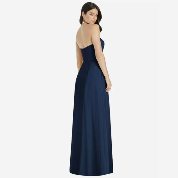 Strapless Notch Chiffon Maxi Bridesmaids Formal Prom Dress in Navy - Picture 2 of 4